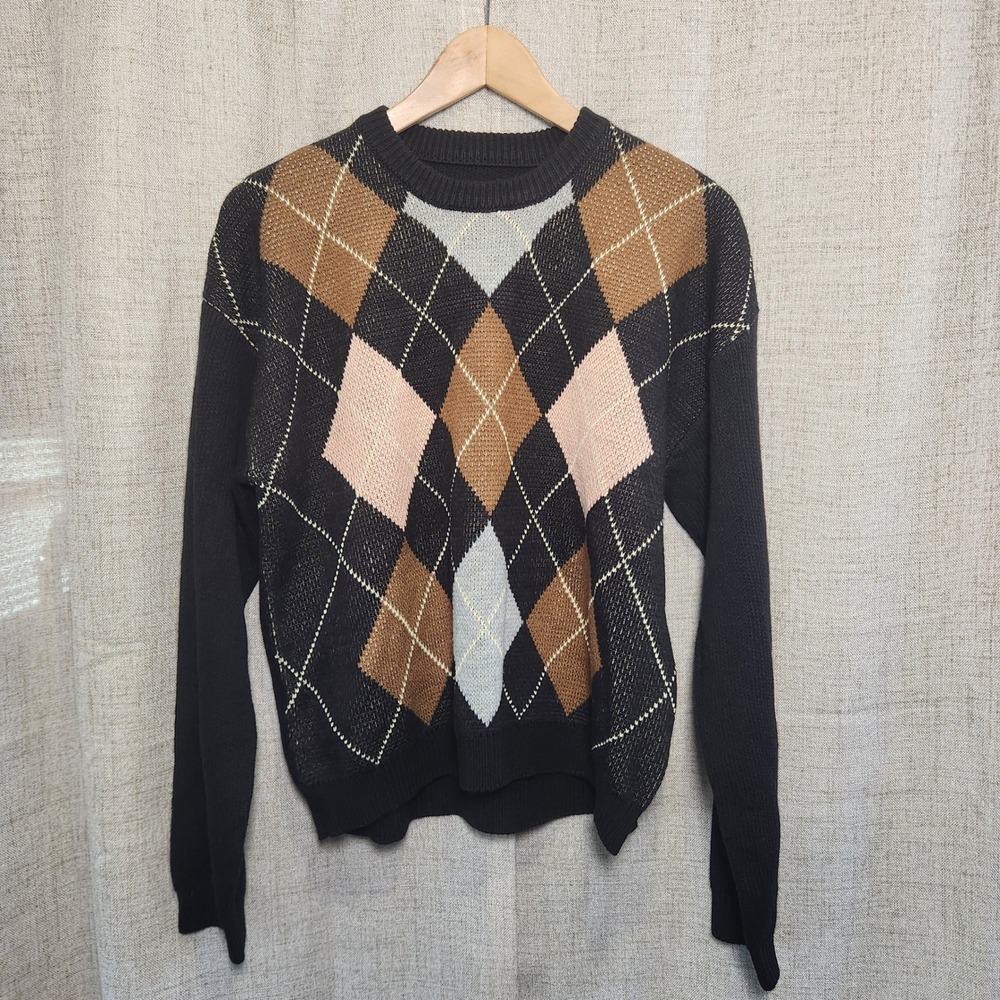 Urban Outfitters Pullover Sweater Women's S‎ Black Argyle Pattern Long Sleeve